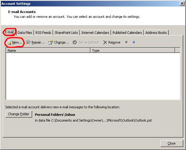 step 2 for setting up homestead email with microsoft outlook 2007