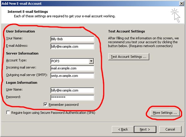 Step 6 for setting up outlook with homestead email